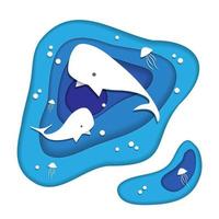illustrazione vettoriale con foto di balena di mare sott'acqua. stile taglio carta