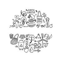 set disegnato a mano stile di vita zero rifiuti. illustrazione di doodle di vettore. ecologia e sfondo naturale. vettore