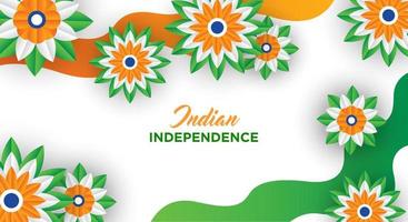design per le vacanze del giorno dell'indipendenza indiana. ruote 3d, fiori con foglie nel tradizionale tricolore della bandiera indiana. stile taglio carta. vettore