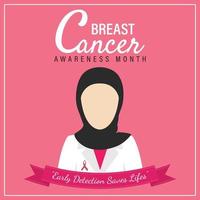 post sui social media di consapevolezza del cancro al seno quadrato con disegno dell'icona del medico hijab musulmano vettore