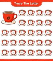 traccia la lettera. alfabeto lettera traccia con tazza di caffè. gioco educativo per bambini, foglio di lavoro stampabile, illustrazione vettoriale