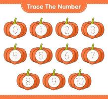 rintracciare il numero. numero di tracciamento con zucca. gioco educativo per bambini, foglio di lavoro stampabile, illustrazione vettoriale