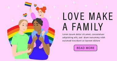 famiglia gay sullo sfondo della bandiera lgbt. illustrazione vettoriale in uno stile piatto. modello di banner lgbtq su sfondo rosa.