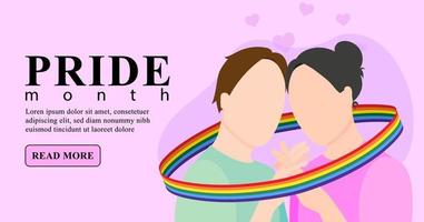 una coppia gay innamorata tiene le mani avvolte in un nastro con una bandiera lgbt. illustrazione vettoriale piatta. modello di banner lgbtq su sfondo rosa.