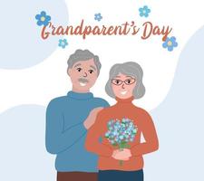 biglietto di auguri per la celebrazione del giorno dei nonni, poster. coppia di famiglia anziana felice. nonna e nonno insieme. nonna sorridente che tiene il mazzo di fiori del nontiscordardime. illustrazione vettoriale piatta