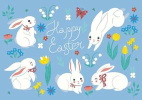 biglietto di Pasqua o poster con simpatici coniglietti e fiori. grafica vettoriale. vettore