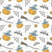 modello senza cuciture di halloween in uno stile di linea. una zucca con un cappello, una scopa, una ragnatela e un pipistrello. illustrazione vettoriale d'archivio.