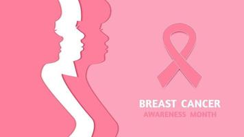 mese di sensibilizzazione sul cancro al seno, silhouette donna e nastro rosa, banner in stile carta tagliata. illustrazione di riserva di vettore. vettore