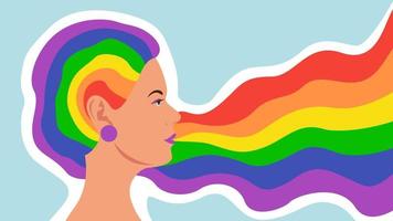 donna con capelli color arcobaleno, simbolo di orgoglio lgbt. banner design in stile piatto. illustrazione di riserva di vettore. vettore