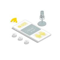 design isometrico, applicazione podcast su smartphone con microfono, simboli wifi e pulsanti, illustrazione di marketing digitale vettore