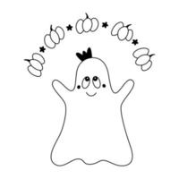 grazioso fantasma di halloween si destreggia con le zucche doodle stile cartone animato infantile halloween clipart contorno vettore