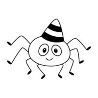 doodle carino ragno sorridente con cappuccio festivo sulla testa cartone animato insetto vacanza infantile clipart contorno schizzo vettore