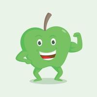 una mascotte di mela verde che mostra la sua illustrazione vettoriale bicipite