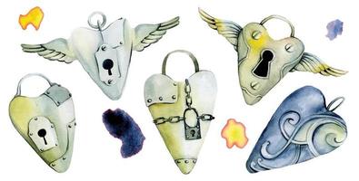 set acquerello con serrature vintage a forma di cuore. serrature e chiavi vintage carine, clipart di san valentino vettore