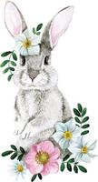 illustrazione dell'acquerello carino con coniglietto di pasqua. disegno realistico di un coniglio, lepre con fiori primaverili. simbolo di pasqua, primavera. simpatico disegno per bambini. decorazione per cartoline, clip art vettore