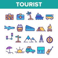 set di icone lineari di vettore di turismo e viaggi intorno al mondo