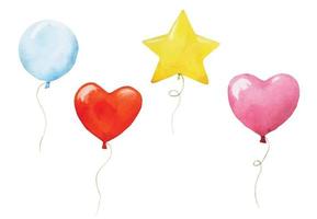 set acquerello con palloncini colorati isolati su sfondo bianco. collezione di palloncini festivi, tondi, stella, cuore. decorazione per le vacanze, compleanno. palloncini blu, rossi, rosa, gialli vettore