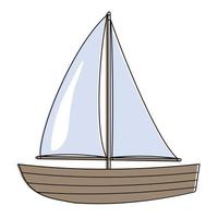 barca di legno con contorno nero a vela doodle, illustrazione vettoriale su sfondo bianco.