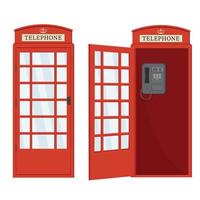 cabina telefonica rossa con porta aperta, illustrazione in stile cartone animato isolata con vettore a colori