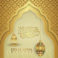 design lussuoso ed elegante eid al adha saluto con colore oro su calligrafia araba, luna crescente, lanterna e moschea con cancello strutturato. illustrazione vettoriale. vettore