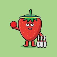 personaggio fragola simpatico cartone animato che gioca a bowling vettore