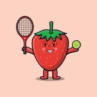 simpatico cartone animato fragola giocando a tennis campo vettore