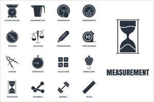 set di illustrazione vettoriale del logo dell'icona di misurazione. misura, simbolo del pacchetto di misura. vetro sabbia, tachimetro, bilanciere, calcolatrice e altro modello per la raccolta di grafica e web design