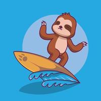 bradipo carino che gioca surf fumetto illustrazione vettore