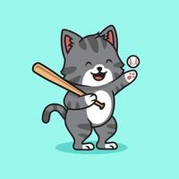 simpatico gatto che gioca a baseball cartone animato vettore premium