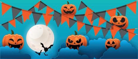 banner di halloween felice o sfondo di invito a una festa con nuvole notturne e stile zucche. illustrazione vettoriale. luna piena nel cielo vettore