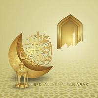 design lussuoso ed elegante eid al adha saluto con colore oro su calligrafia araba, luna crescente, lanterna e moschea con cancello strutturato. illustrazione vettoriale. vettore
