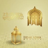 design lussuoso ed elegante eid al adha saluto con colore oro su calligrafia araba, luna crescente, lanterna e moschea con cancello strutturato. illustrazione vettoriale. vettore