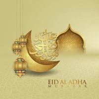 design lussuoso ed elegante eid al adha saluto con colore oro su calligrafia araba, luna crescente, lanterna e moschea con cancello strutturato. illustrazione vettoriale. vettore