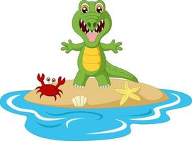 simpatico cartone animato alligatore con granchio in spiaggia vettore