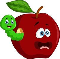 simpatico cartone animato verme con mela rossa vettore
