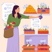 una donna sta comprando cibo biologico al mercato vettore