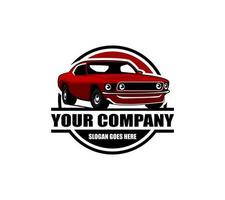 design del logo di muscle car. Questo logo è adatto per garage, officine, officine di riparazione, officine di riparazioni auto in stile vecchio o classico. anche per il restauro, la riparazione e la corsa di auto vettore