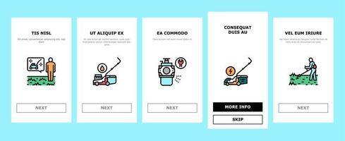 Le icone di onboarding dell'attrezzatura del tosaerba impostano il vettore