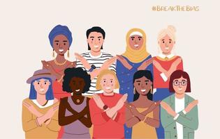 un gruppo di donne di diverse nazionalità con le mani incrociate. rompere la campagna di pregiudizi. giornata internazionale della donna. movimento contro la discriminazione e gli stereotipi vettore