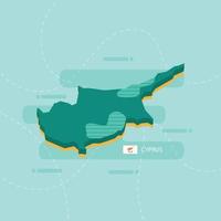 Mappa vettoriale 3d di cipro con nome e bandiera del paese su sfondo verde chiaro e trattino.