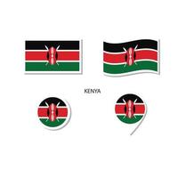 set di icone logo bandiera kenya, icone piatte rettangolari, forma circolare, pennarello con bandiere. vettore