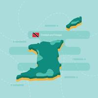 Mappa vettoriale 3d di trinidad e tobago con nome e bandiera del paese su sfondo verde chiaro e trattino.