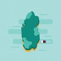 Mappa vettoriale 3D del Qatar con nome e bandiera del paese su sfondo verde chiaro e trattino.