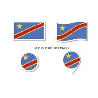 set di icone logo bandiera repubblica del congo, icone piatte rettangolari, forma circolare, pennarello con bandiere. vettore