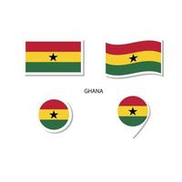 set di icone del logo della bandiera del ghana, icone piatte rettangolari, forma circolare, pennarello con bandiere. vettore