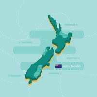 Mappa vettoriale 3d della nuova zelanda con nome e bandiera del paese su sfondo verde chiaro e trattino.
