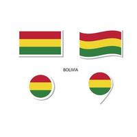 set di icone logo bandiera bolivia, icone piatte rettangolari, forma circolare, pennarello con bandiere. vettore