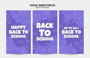 banner web di ritorno a scuola per poster verticali, banner, area spaziale e sfondo dei social media vettore