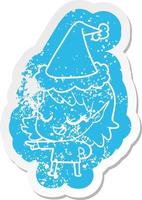 adesivo in difficoltà cartone animato felice di una ragazza elfo che punta indossando il cappello di Babbo Natale vettore