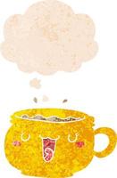 carino cartone animato tazza di caffè e bolla di pensiero in stile retrò strutturato vettore